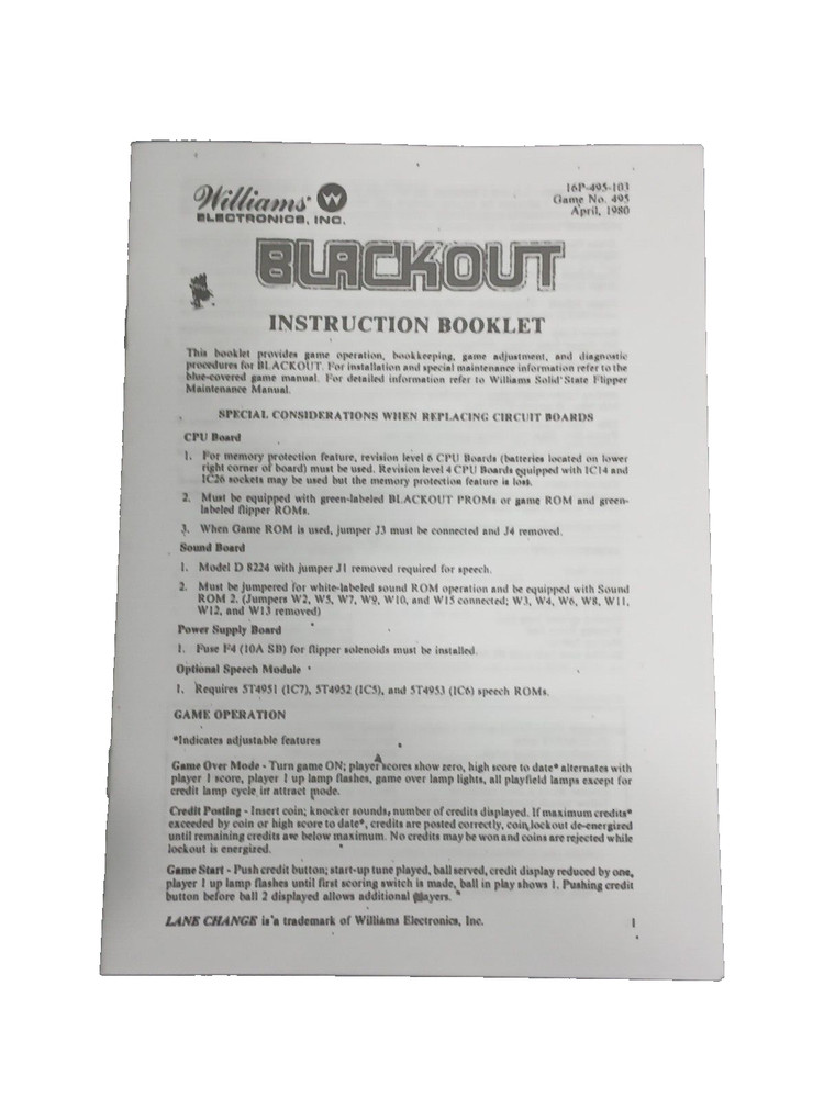 Williams Blackout Instruction Booklet