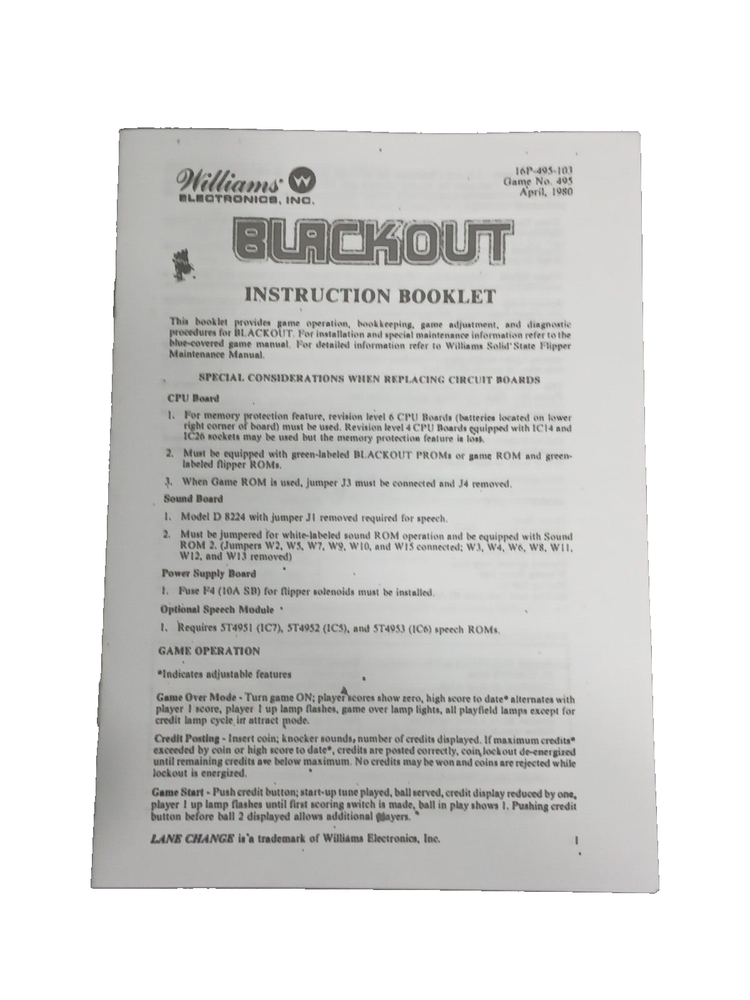 Williams Blackout Instruction Booklet