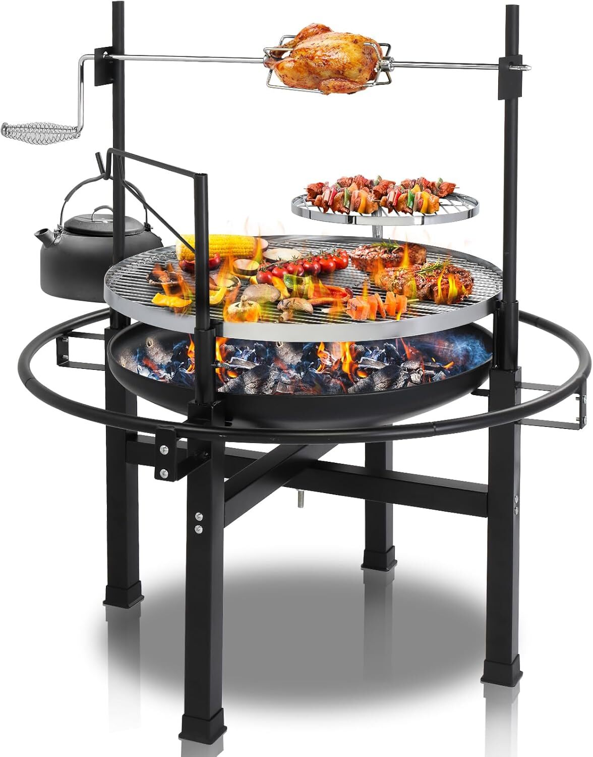 33" 2 in 1 Fire Pit w/Grills, Wood Burning Adjustable Swivel Cooking Grate BBQ