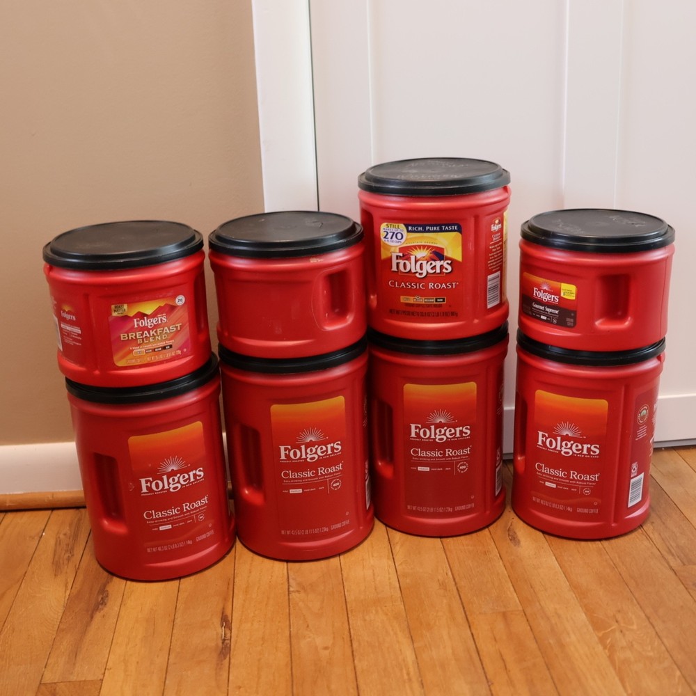 Great for Crafting 8 EMPTY  Plastic Folgers Coffee Cans  With Lids Clean