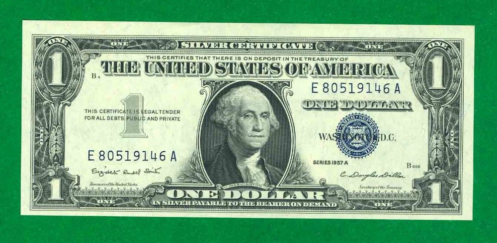$1 1957 1 E/A BLOCK BLUE SEAL SILVER CERTIFICATE CU.