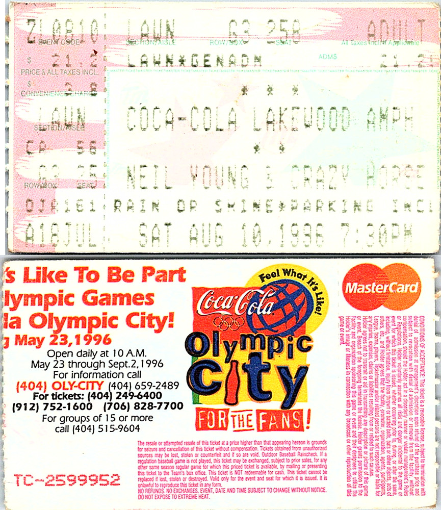 NEIL YOUNG CONCERT TICKET STUB, 8/10/1996, COCA COLA LAKEWOOD AMPHITHEATRE