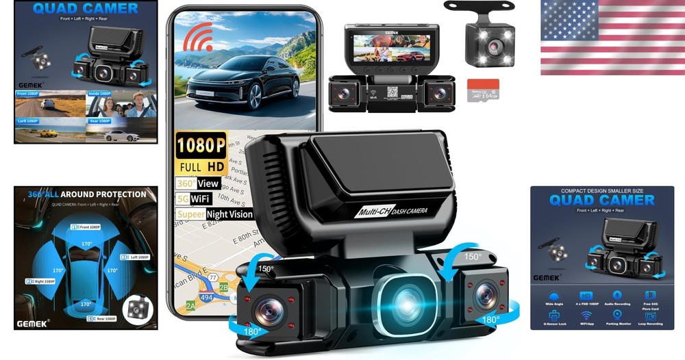 360° 4-Ch Dash Cam | 2K Front/Rear | WiFi & App Control