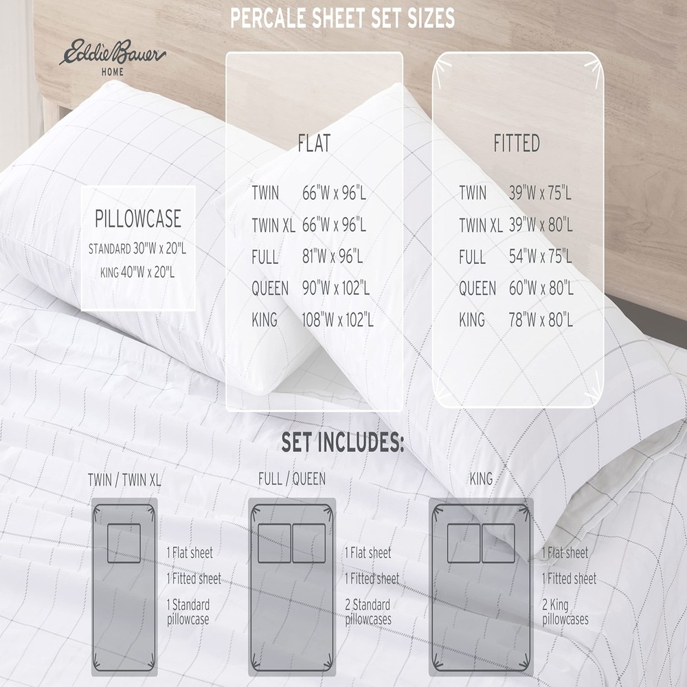 Eddie Bauer - Queen Sheets, Cotton Percale Bedding Set, Crisp & Cool Home Dec...