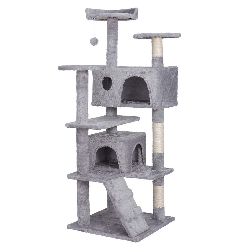 55" Cat Tree Tower Condo Scratching Post Kitten Activity W/3 Perches Light Grey