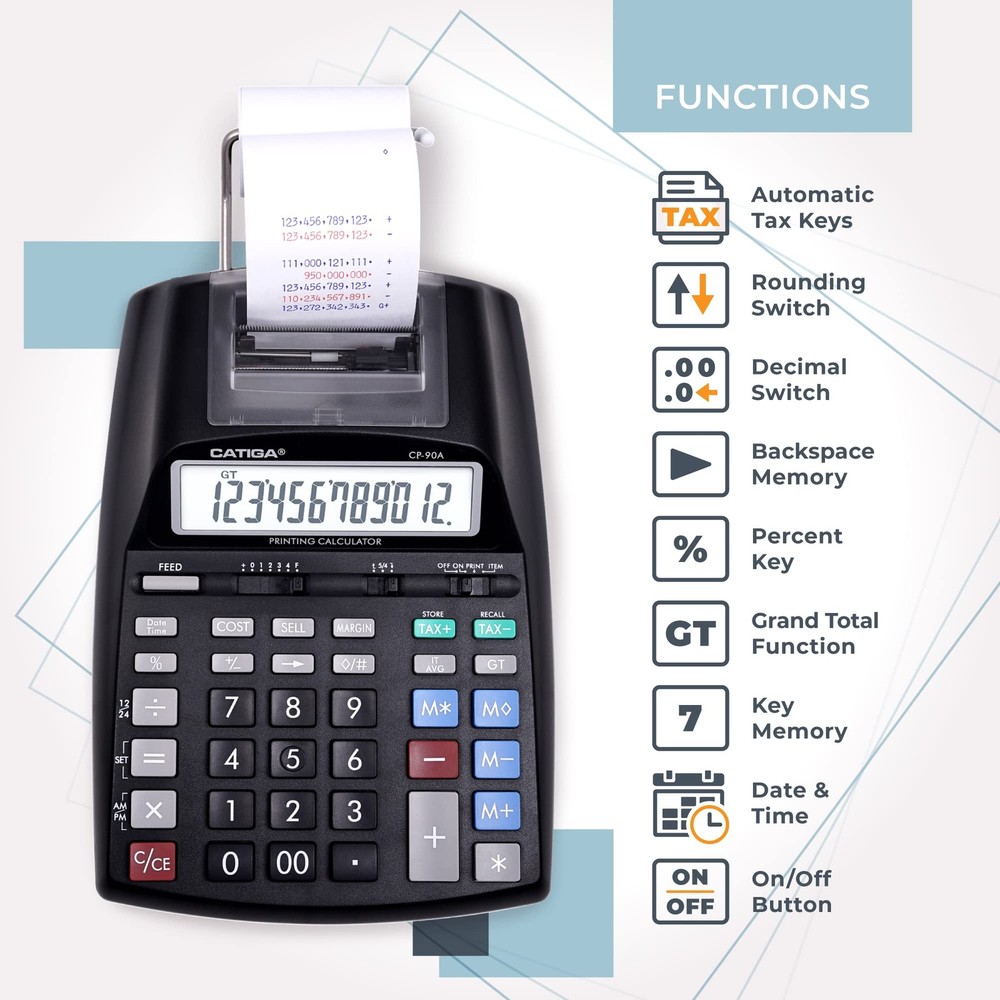 Black Adding Machine with 2 Color Printer Easy Load Ergonomic Design