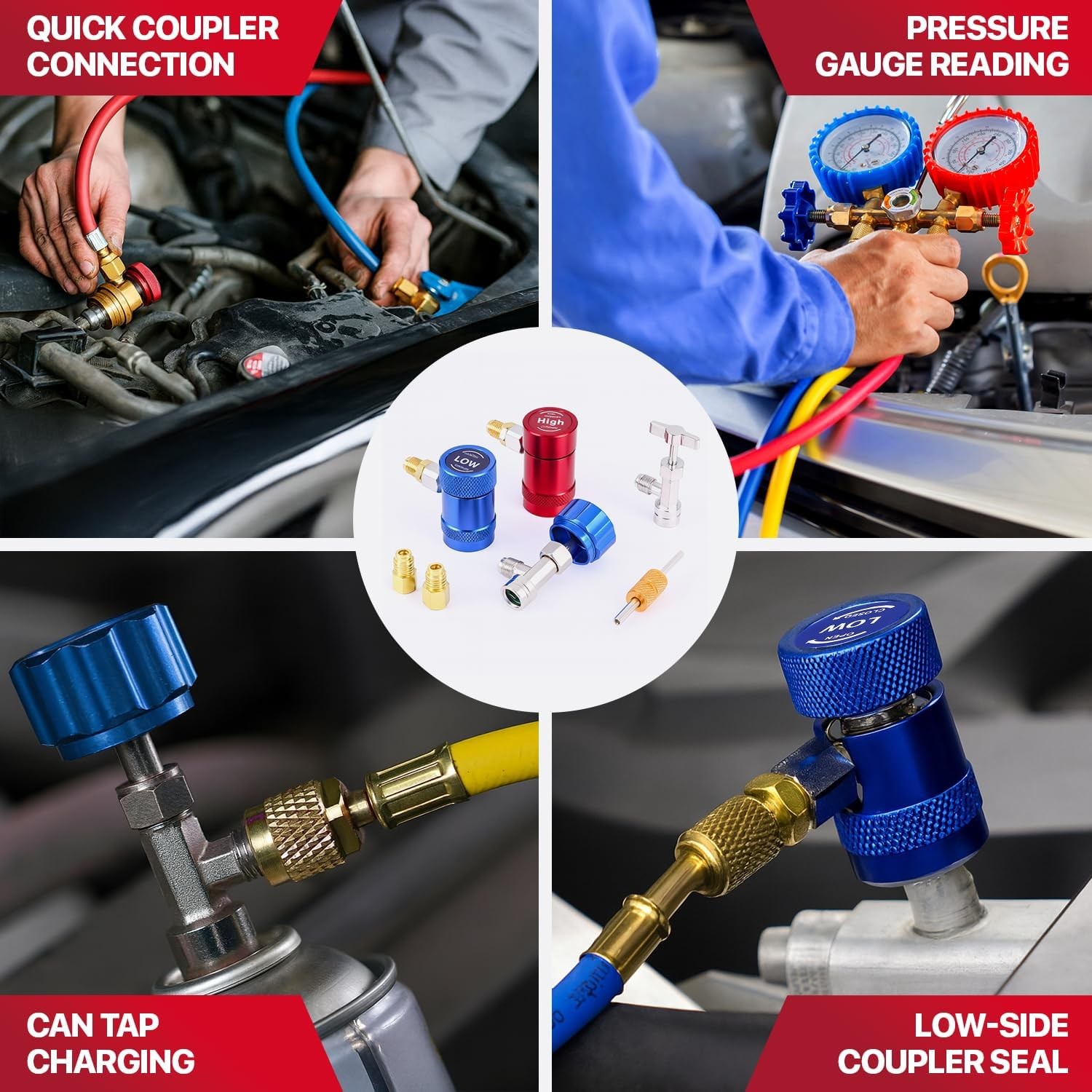 Car A/C R1234YF Quick Coupler Adapter Set with Self-Sealing & Puncture Can Tap