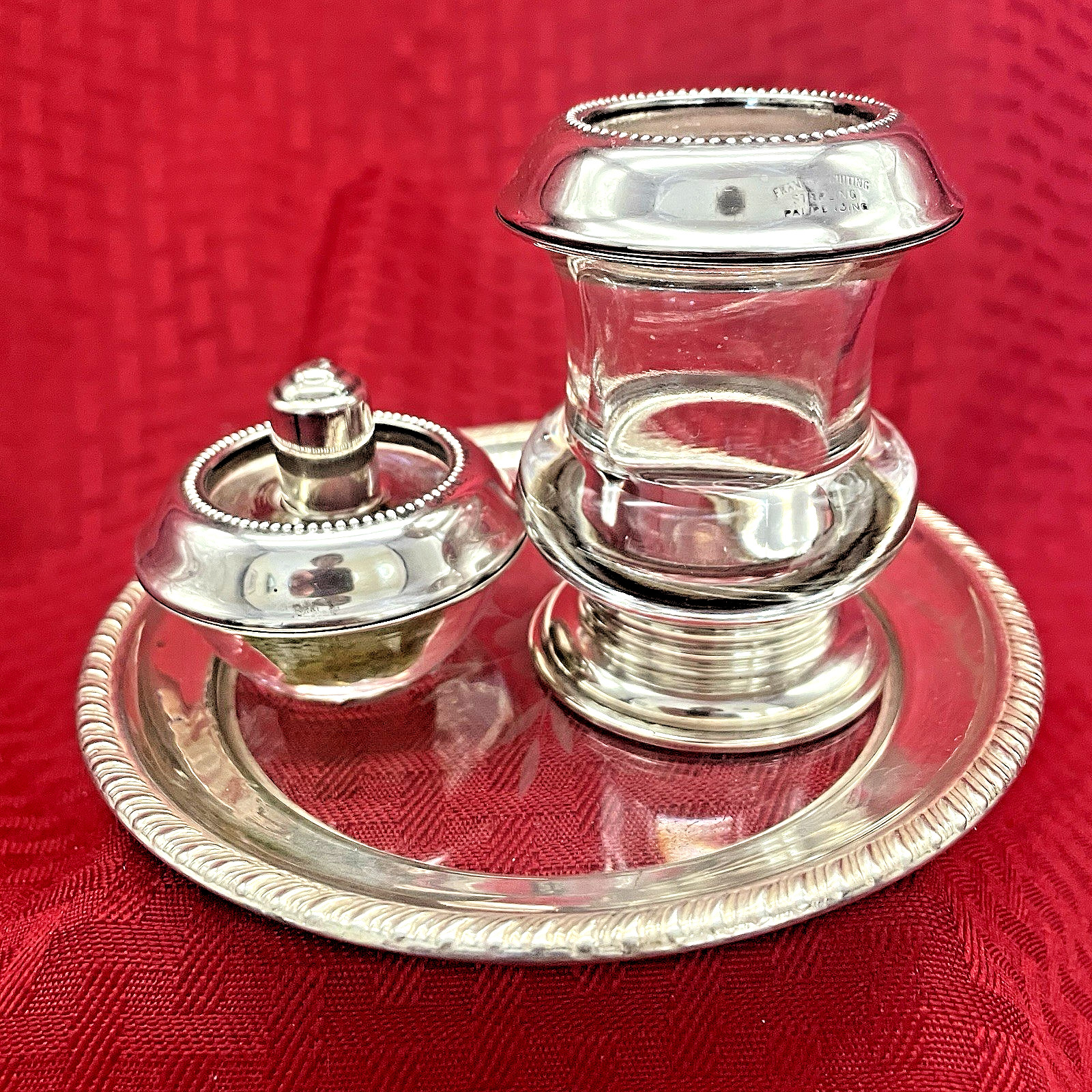 ANTIQUE STERLING HYGLO LIGHTER, CIGARETTE HOLDER, AND TRAY BY FRANK M. WHITING