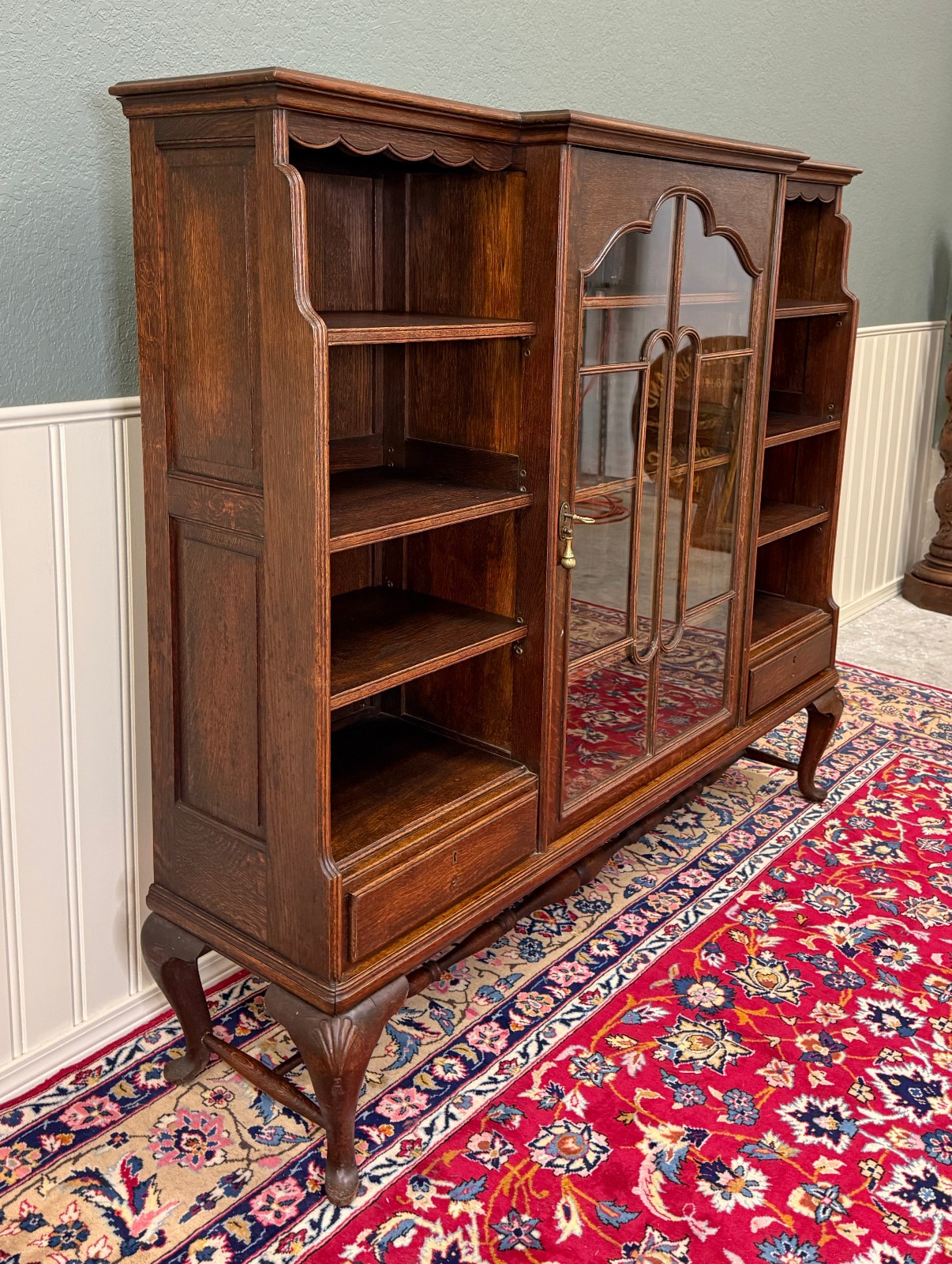 Antique English Bookcase Bookshelf Cabinet Glass Oak Queen Anne Legs 1920s-30s