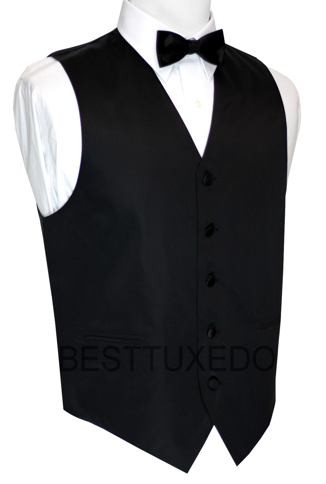 Men's Black Satin Formal Tuxedo Vest, Bow-Tie & Hankie Set (XS - 6XL LONG)