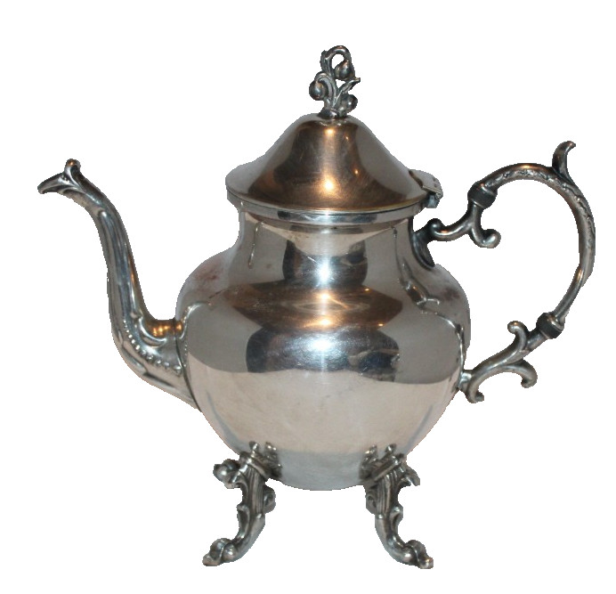 VTG Birmingham Silver Co silver on copper silverplated ornate teapot 4 legs