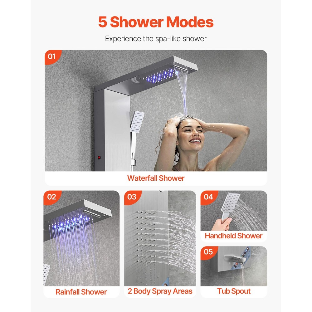 Shower Panel Tower System Stainless Steel Column Rainfall Waterfall Head 5 Modes