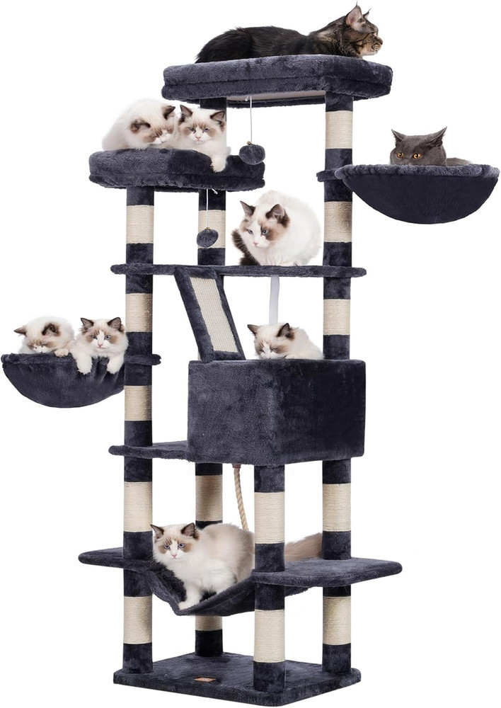 68" Multi-Level Cat Tree with Plush Perches, Scratching Board & Caves - Gray