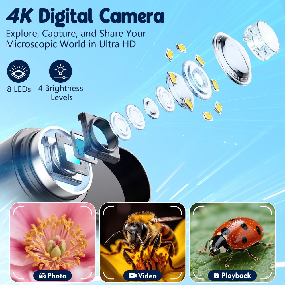 1000X Handheld Microscope for , 4K 2.4" Screen Digital Microscopes with 12 Sl...