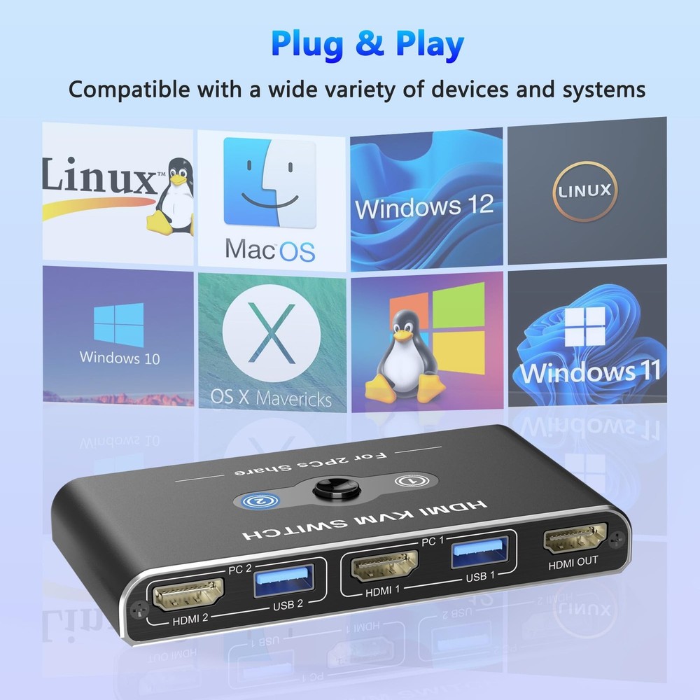KVM Switch, KVM Switch 1 Monitors 2 Computers, HDMI Switch, 4K@60Hz KVM Switc...