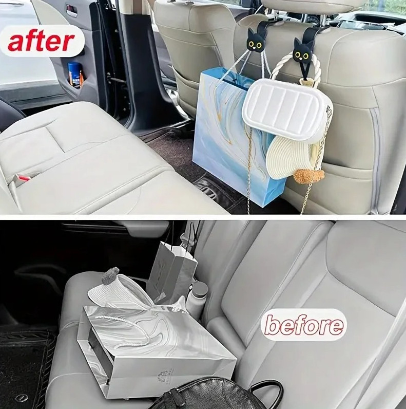 2pcs 3D Cartoon Cat Car Seat Headrest Hooks – Cute Vehicle Organizer for Bags