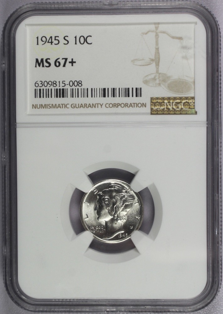 1945-S 10c Mercury Dime - NGC MS 67+