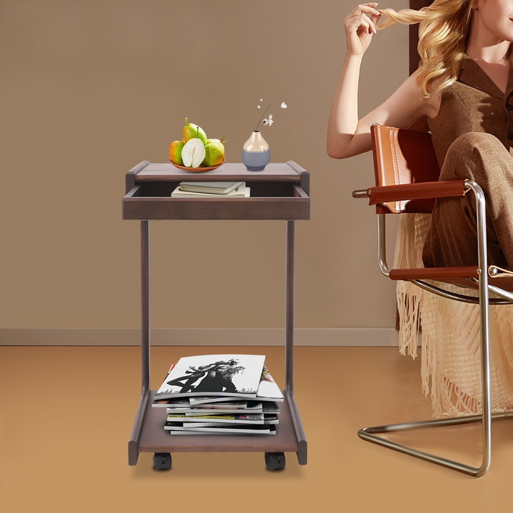 2-Tier Solid Wood C-Shaped Side Table with Drawer and Lockable Wheels