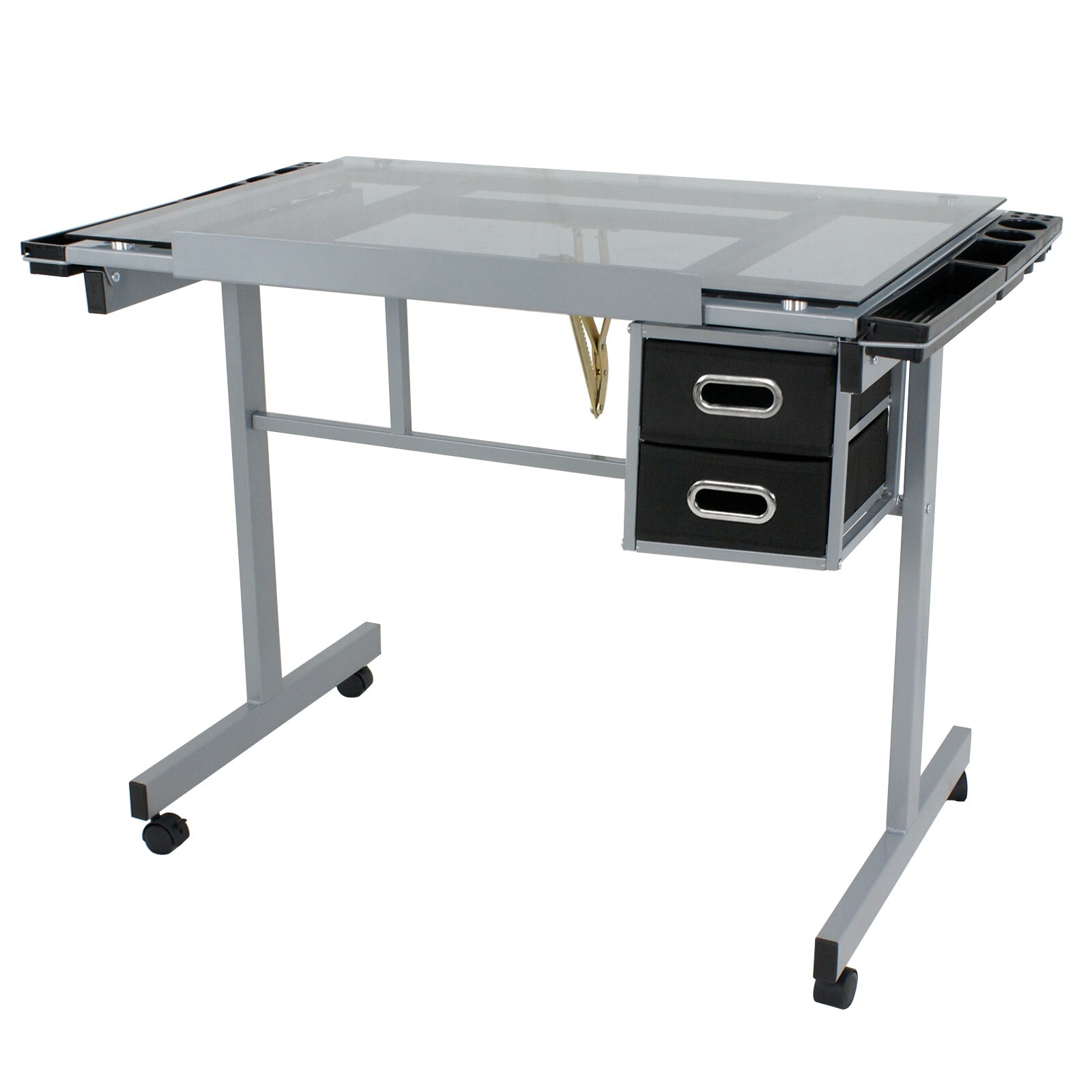 Drafting Table on Wheels Adjustable Glass Tabletop Drawing Desk w/Storage Drawer