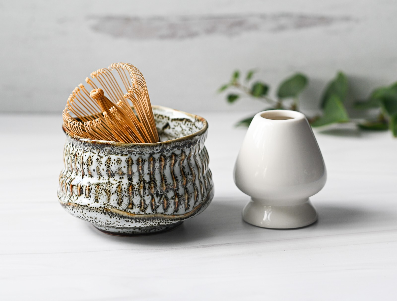 White Matcha Set: Matcha Bowl, Bamboo Matcha Whisk, Ceramic Whisk Holder