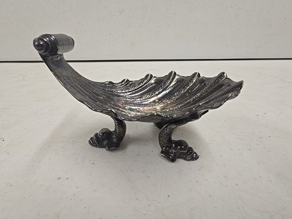 Antique Victorian Scroll Handle Dolphin Footed Silver Shell Dish Salt Dip