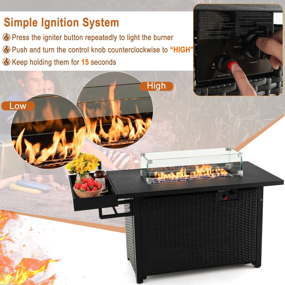 2-in-1 52" Rectangular Wicker Fire Table w/ Cover 50,000 BTU Black
