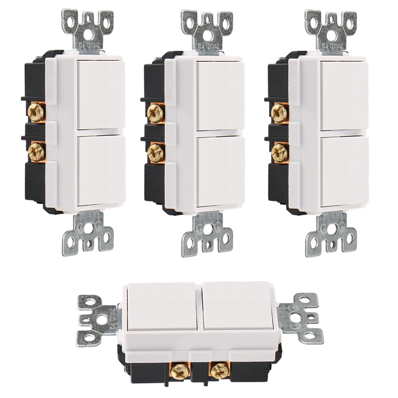 Double Rocker Decorator Light Switch Single Pole 15A 120V UL Listed 4 Pack White