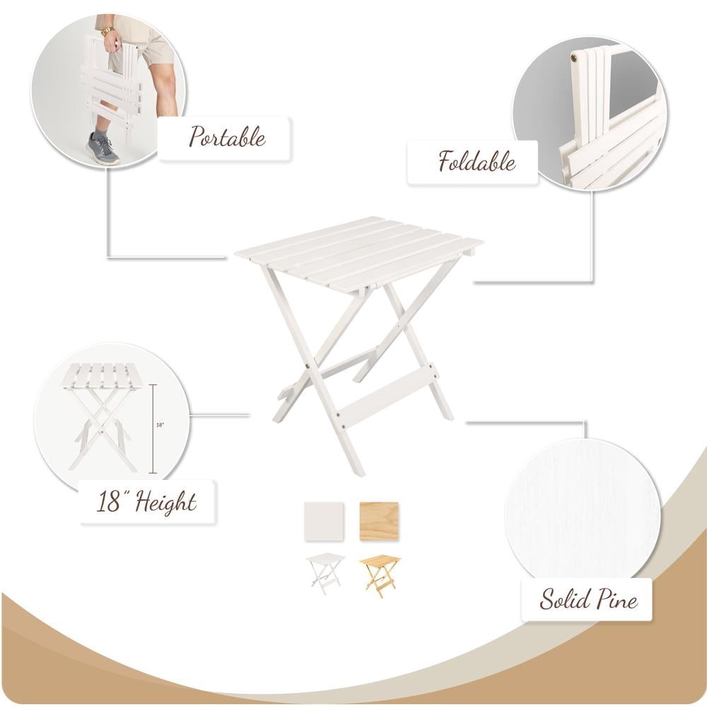 Small Solid Wood Folding Side Table 2-Piece Set White Portable Patio Outdoor