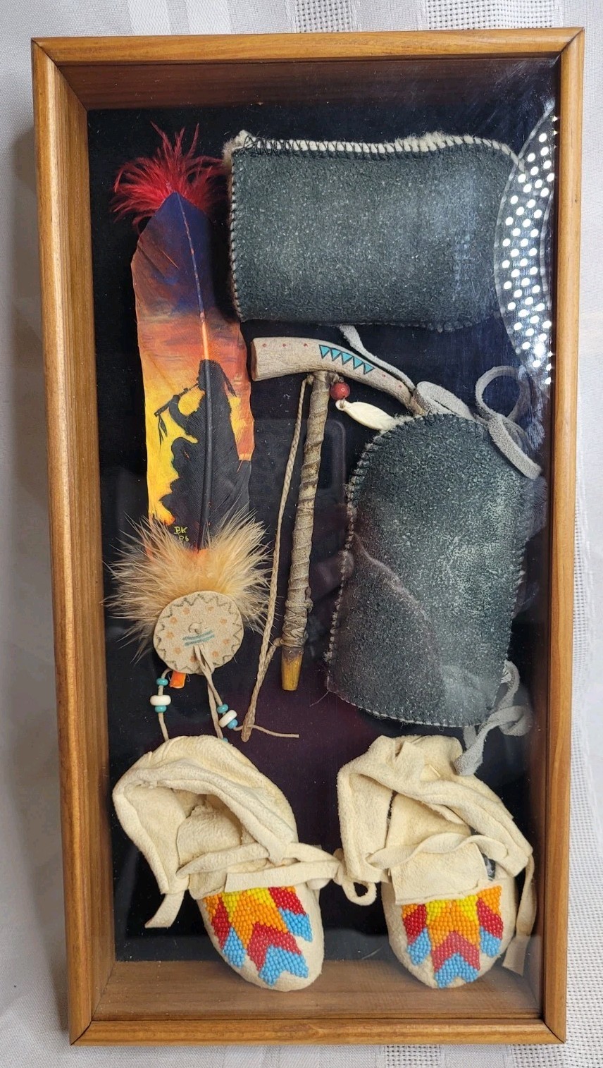 Vtg Native American Indian Shadow Box Child/ Baby Beaded Moccasins,...