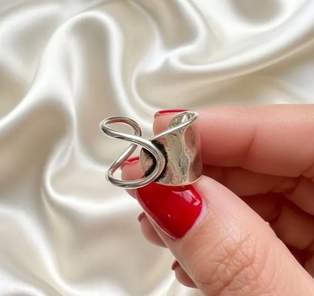 Solid 925 Sterling Silver Wide Hammered Abstract Open Loop Handmade Ring for Her