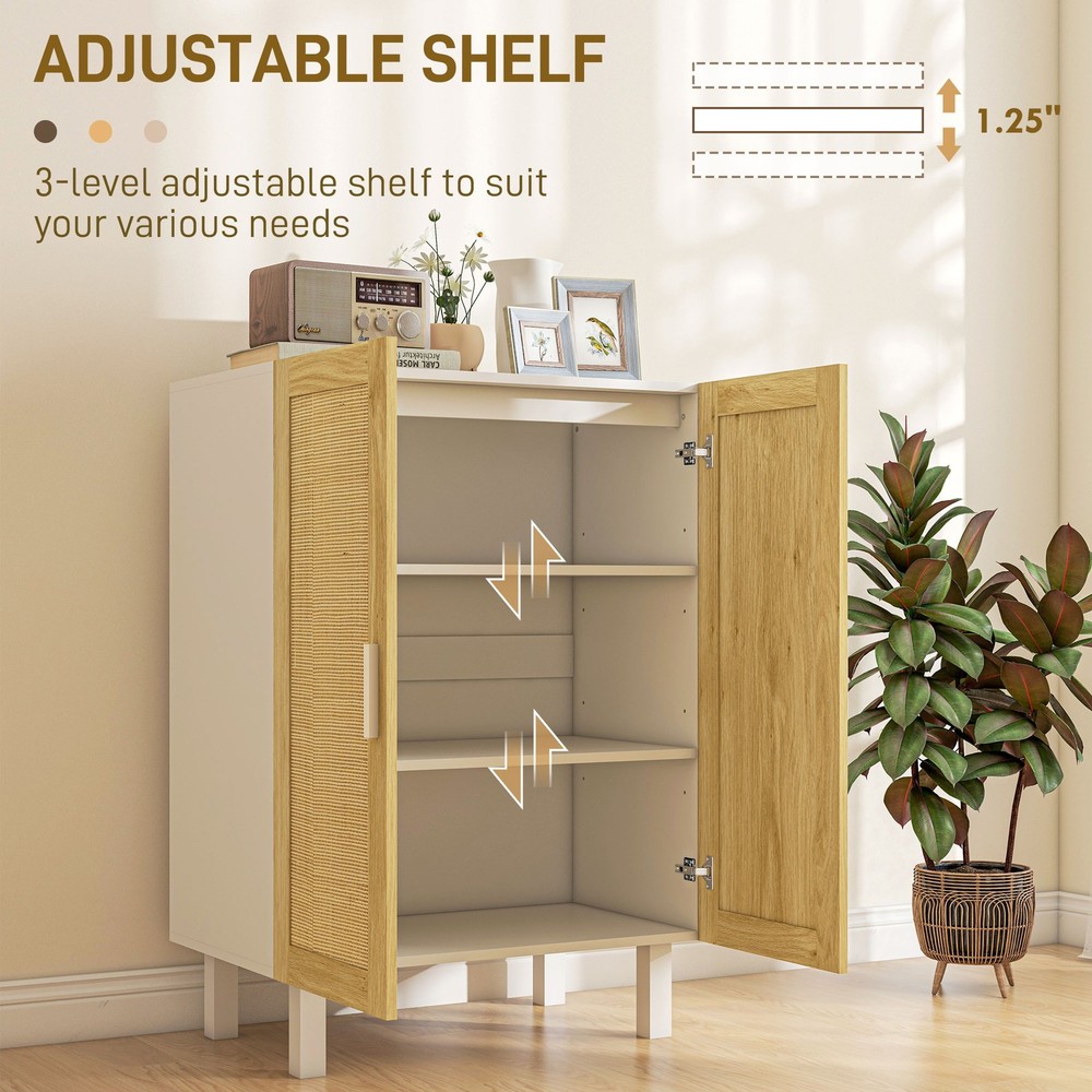 Kitchen Sideboard with 2 Rattan Doors & Adjustable Shelves, White