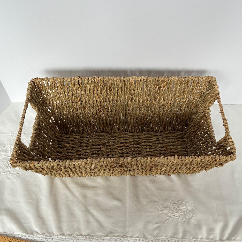 Seagrass Storage Basket Natural Tan Woven Rectangular Bin Handle Coastal Rustic