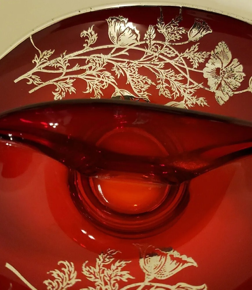 Vintage SILVER CITY Flanders Ruby Red Divided Dish Silver Overlay