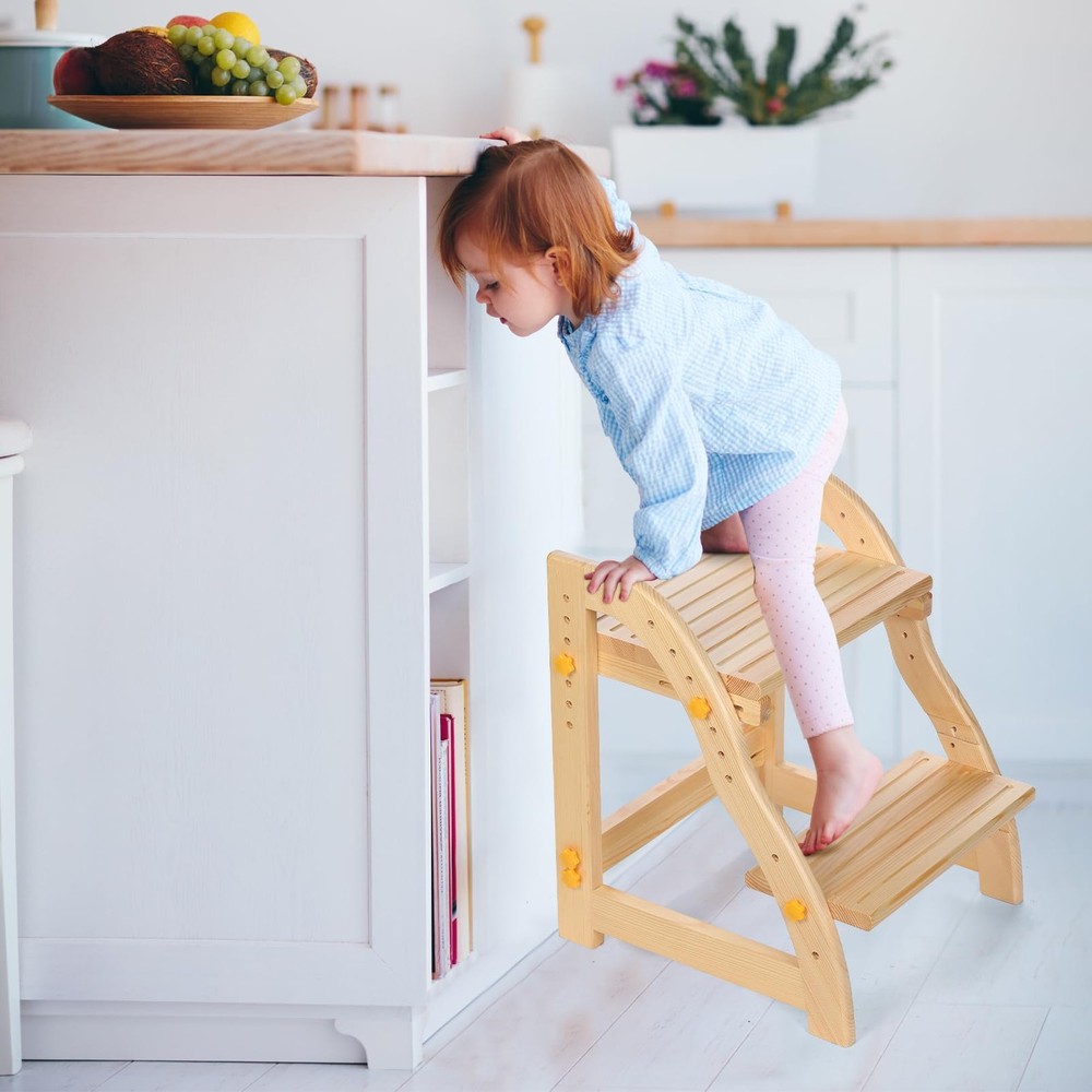 AIMOADO Wooden Two Step Stool for Kids - Adjustable Height & Non-Slip