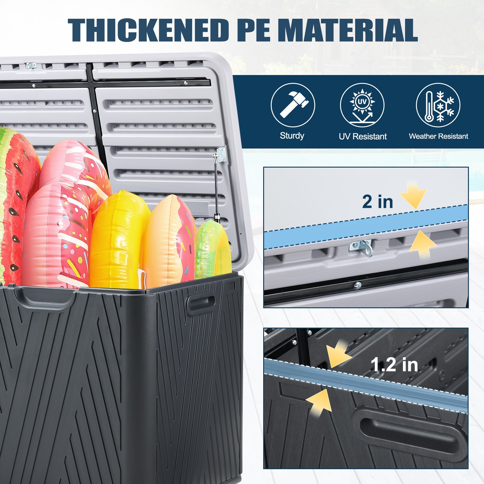 85 Gallon Outdoor Deck Box Storage Patio Chest Organizer w/Air Rods Lockable Lid