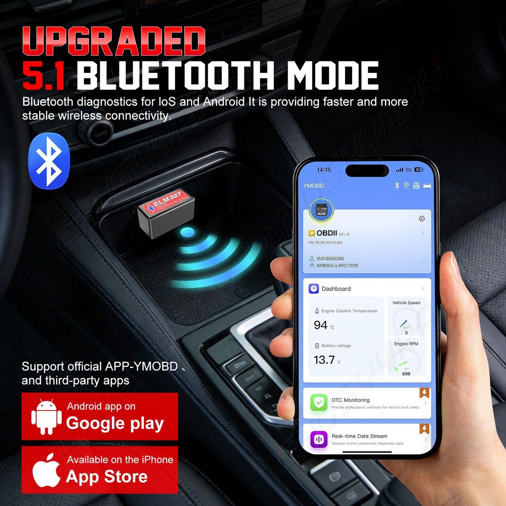 OBD2 Bluetooth Code Tool For Diesel 12V-24V Longer Distance Less Power Use