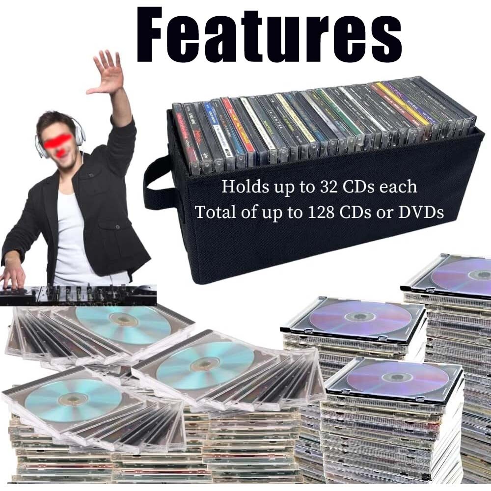 Black Fabric Stackable CD Holder Rack, Media Storage Organizer w/ Handle 3PACK