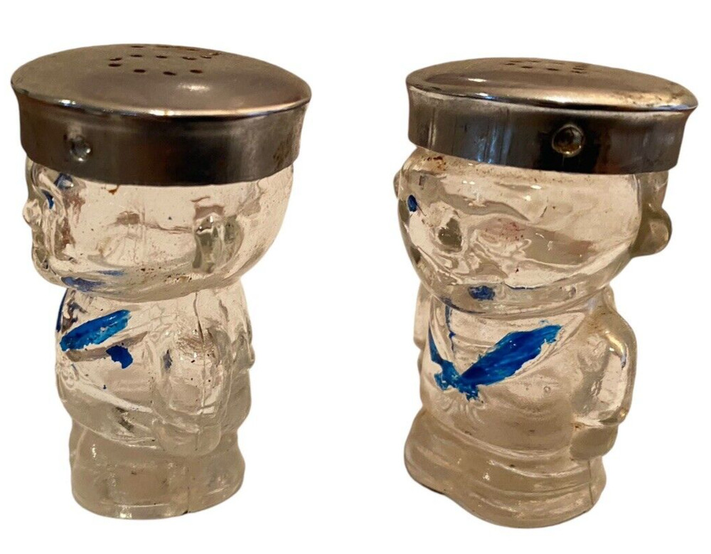 Navy USMC Glass Salt & Pepper Shakers Set Soldiers Vintage Miliary