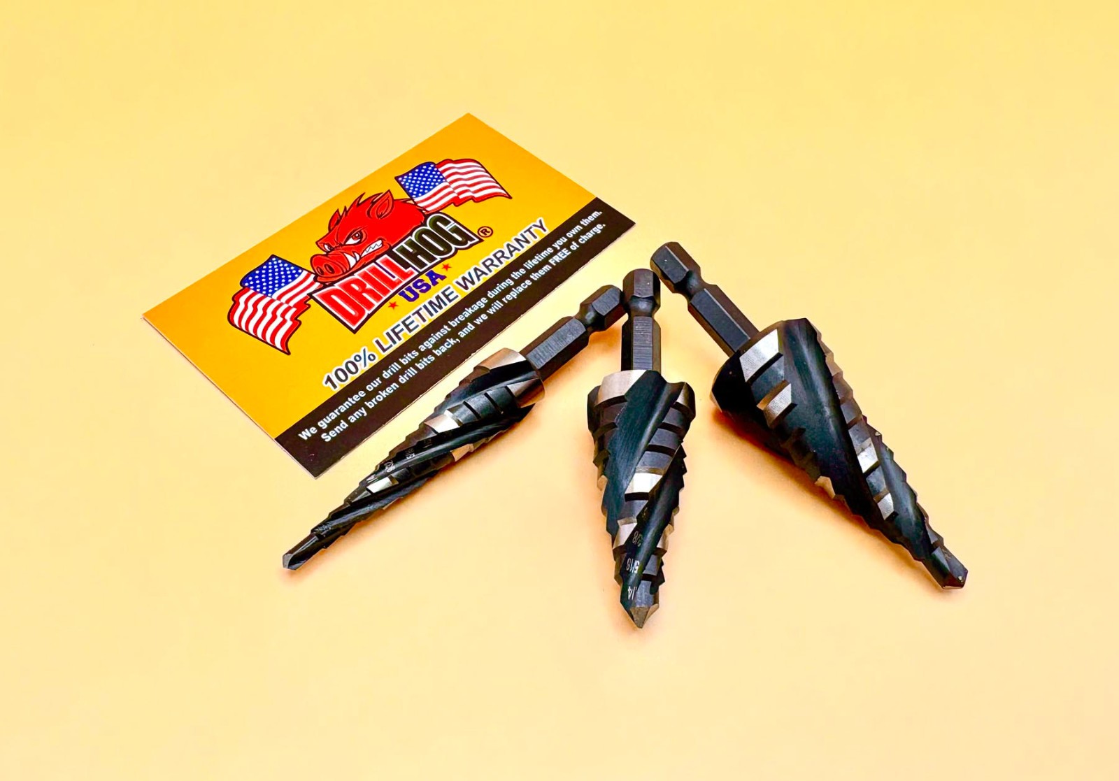 3 Pc Cobalt M42 AlTiN Quad Flute Step Drill Bit Set Drill Hog® Lifetime Warranty