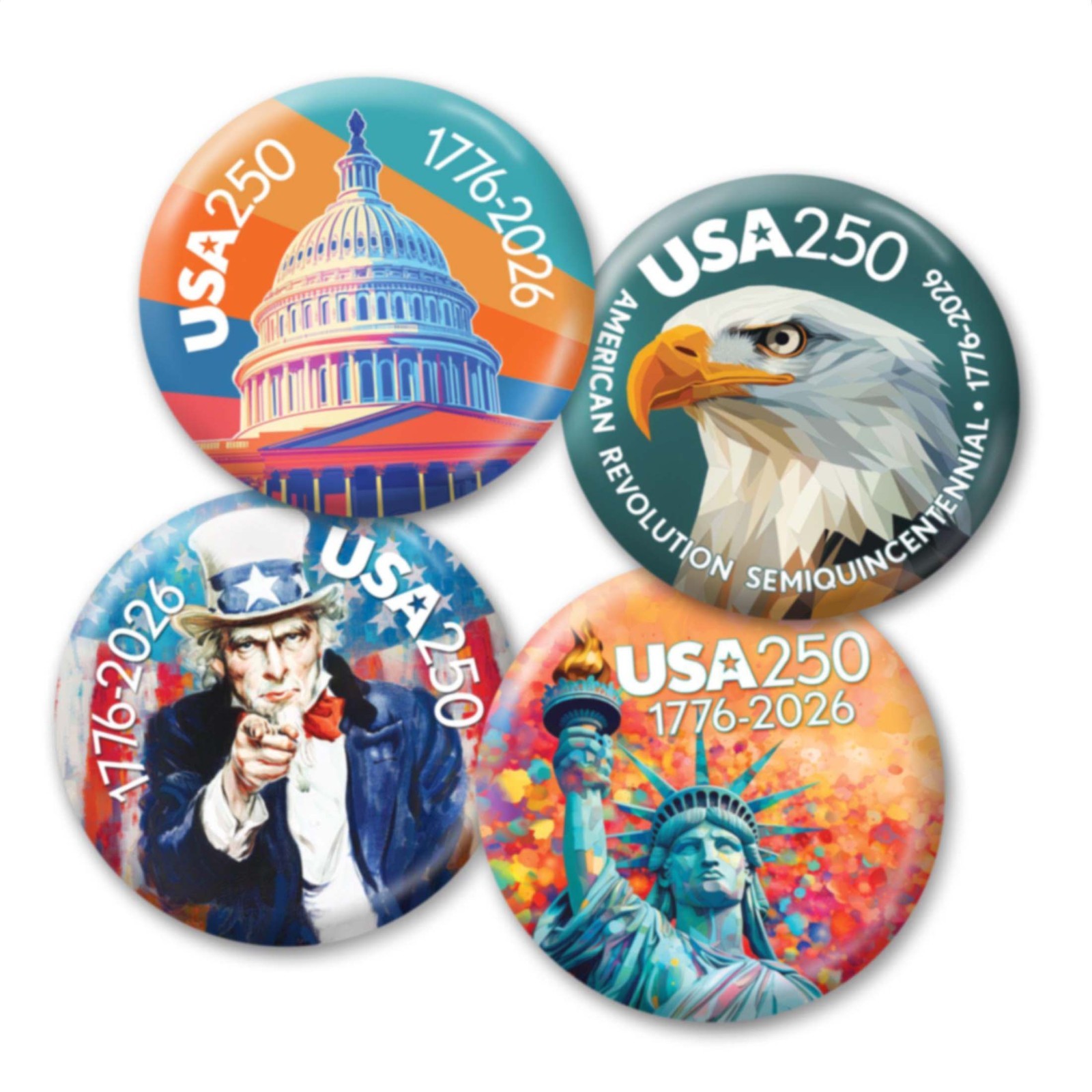 USA 250 - 25-pack Buttons - Revolution Assorted Designs 1776-2026 250th