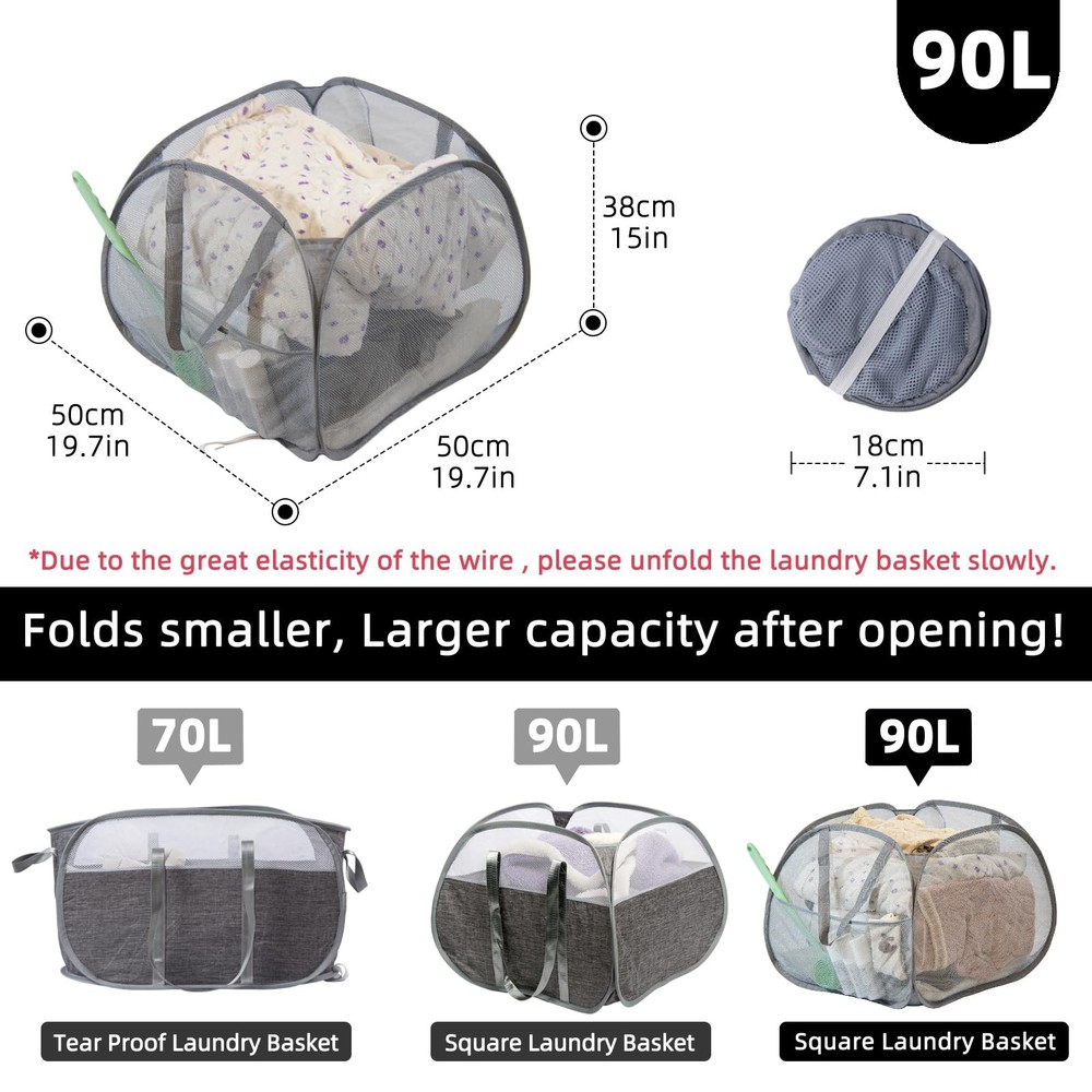 HEDONLEE Collapsible Laundry Basket, 90L Foldable Square-Mesh，1 Pack, Gray