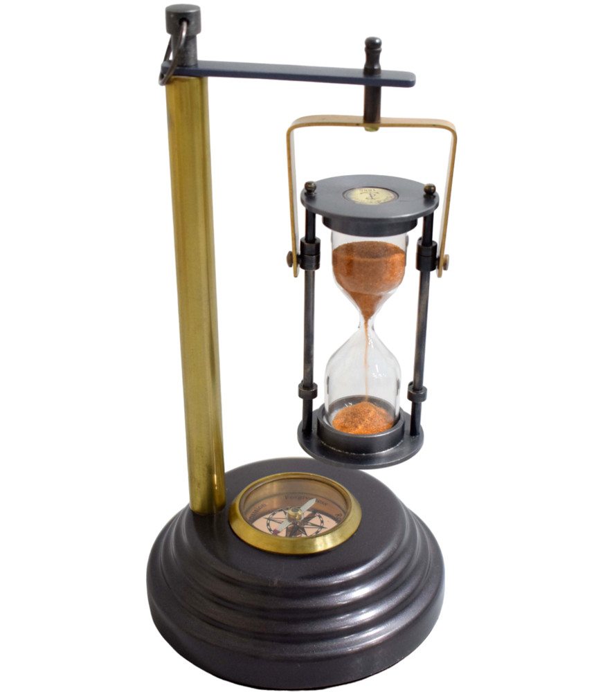 Rotating Brass Hourglass W/Built-in Compass & Swing Function -Orange Sand Inside
