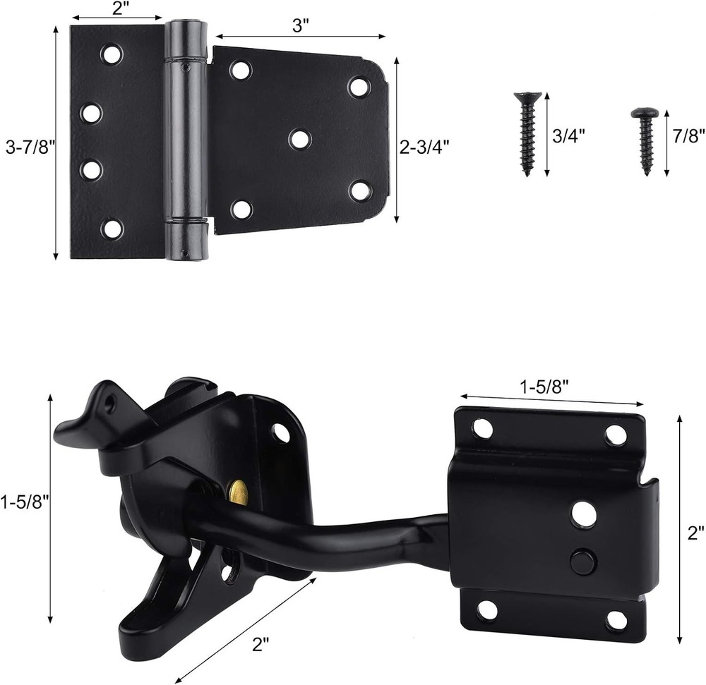 Self-Closing Gate Hardware Kit,1 Pack Self-locking Latch and 2 Black