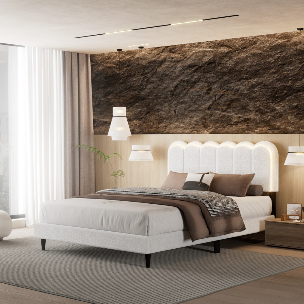 Full/Queen Size Platform Bed Frame with Upholstered Headboard & LED Light White