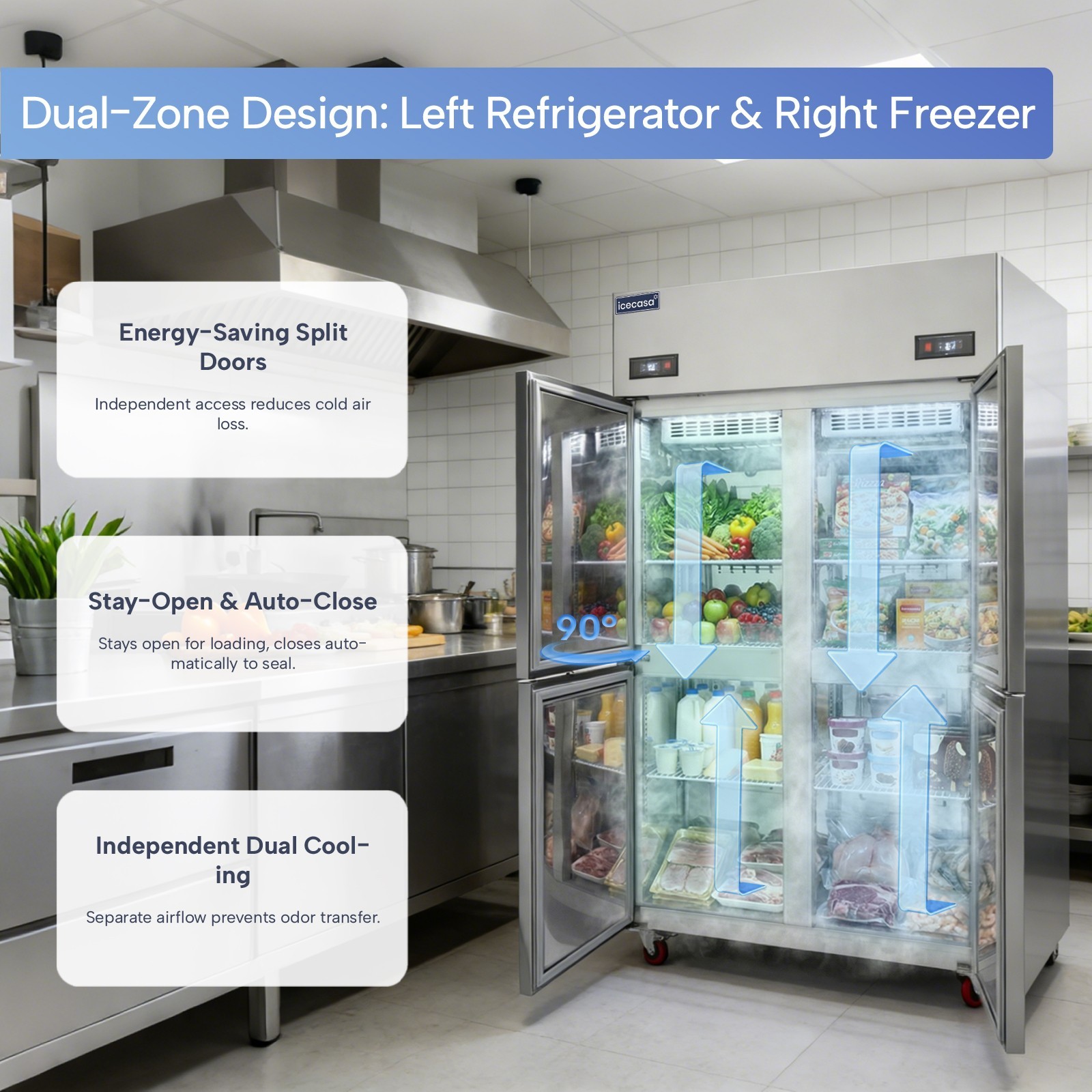 ICECASA 48" Commercial Refrigerator Freezer Combo Split Door 33 Cu.ft Stainless