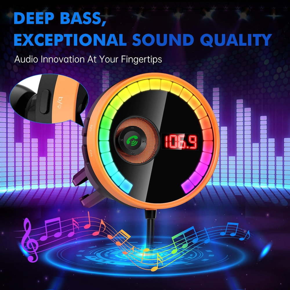 Bluetooth Car FM Transmitter QC3.0 Fast Charge LED HiFi Bass USB TF Handsfree