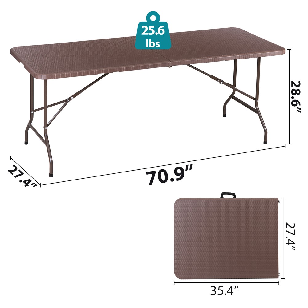 6ft Folding Table Portable Foldable Card Table Fold-in-Half Utility Table Brown