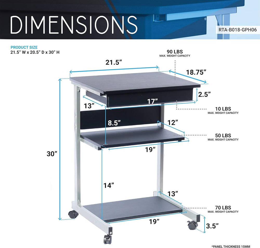 , Portable Computer Desk, Workstation, Stand with Printer Shelf, Rolling Laptop