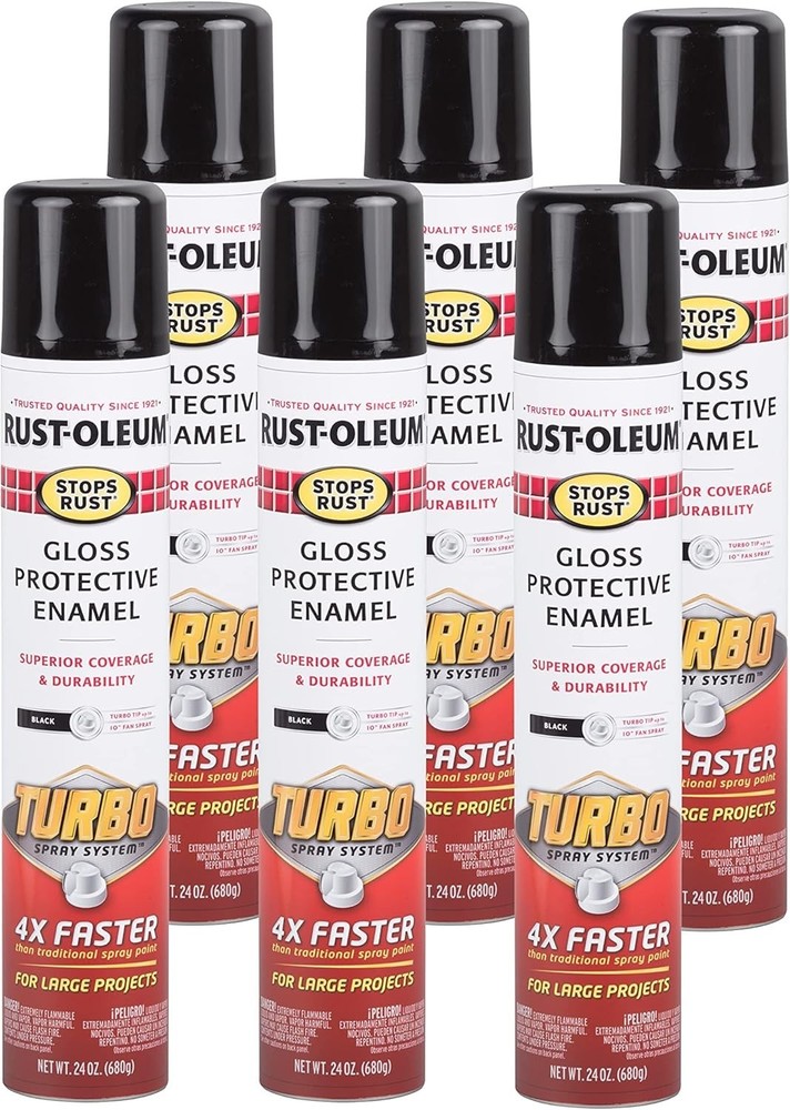 Rust‑Oleum Turbo Spray Paint, Gloss Black, 24oz, Stops Rust, 6 Pack