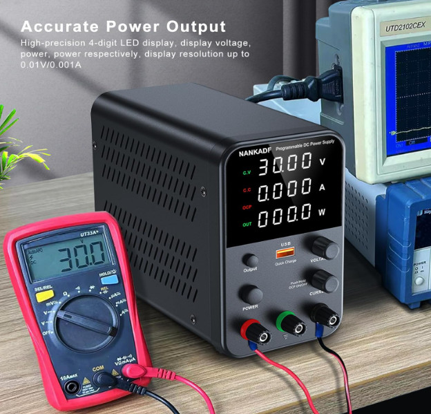 30V 10A Variable DC Bench Power Supply w/ Encoder Knob USB QC